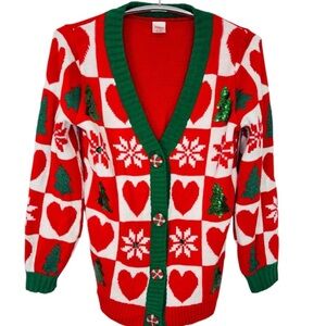 Holiday Time Women’s Embellished Button Front Christmas Cardigan Size XS